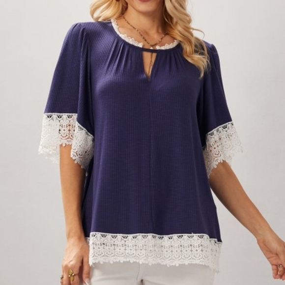 NWT Suzanne Betro ribbed navy wide sleeve embroidered trim flowy top R51 - Picture 1 of 8